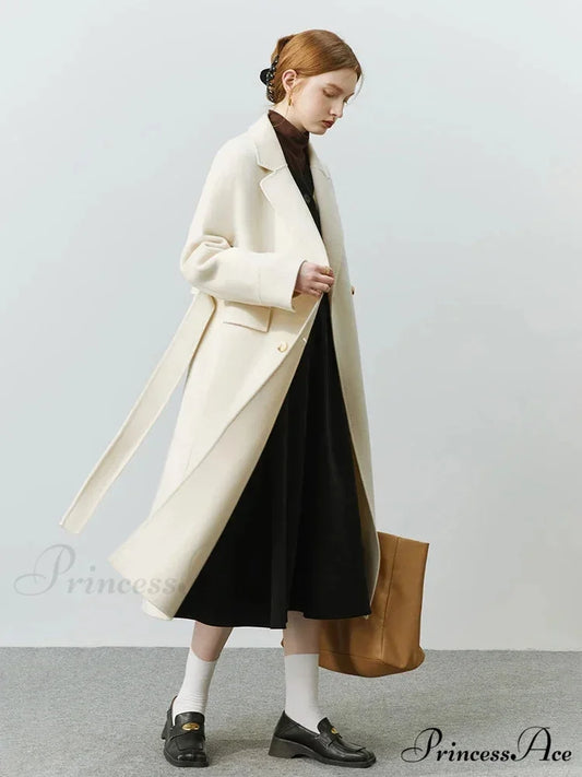 Korean Woolen Autumn Winter Solid Office Double-sided Mid-length Chic Coat Beige / S
