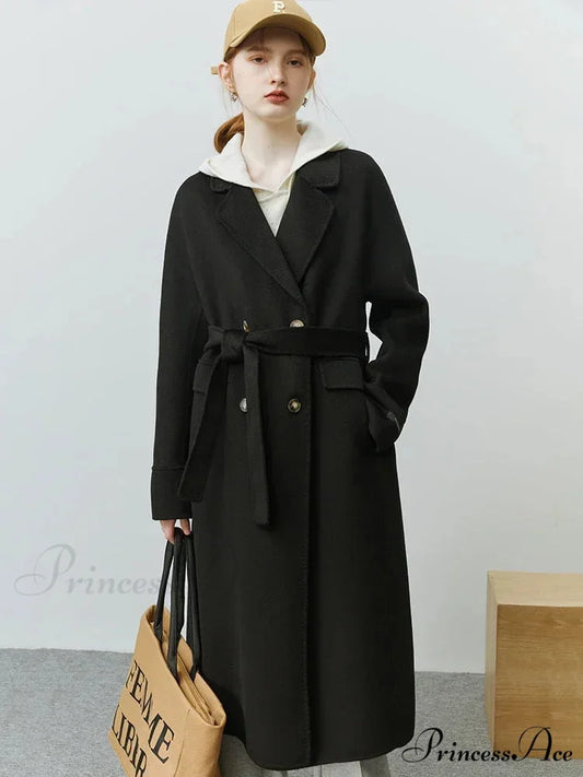 Korean Woolen Autumn Winter Solid Office Double-sided Mid-length Chic Coat Black / S