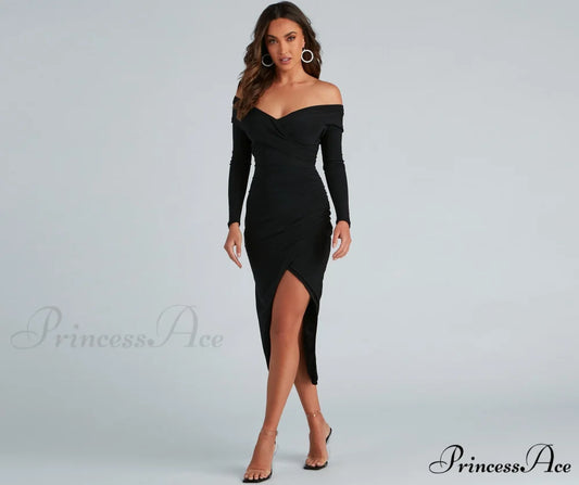 Kristy Off-The-Shoulder Stylish Formal Midi Dress BLACK / XS