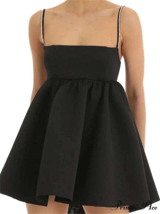 Lace A line Sleeveless Spaghetti Strap Square Neck Mini Dress BLACK / S