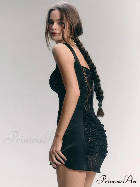 Lace Camisole Dual-Layer Mini Dress Black / S minidress-250223