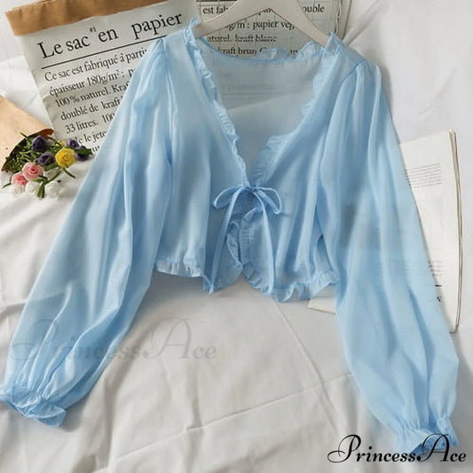 Lace - Cardigan Sun Blouse Blouse - Protection Thin Coat Bow Women’s Warm-Season Cover Blue / One Size