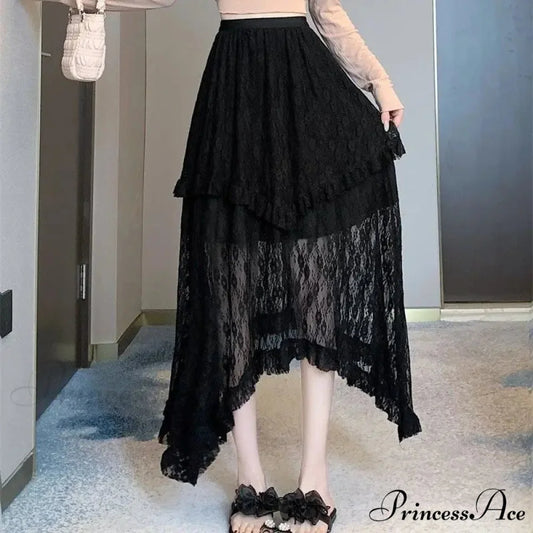 Lace Fairycore Tulle Ruffle Vintage Irregular Skirt Black / S