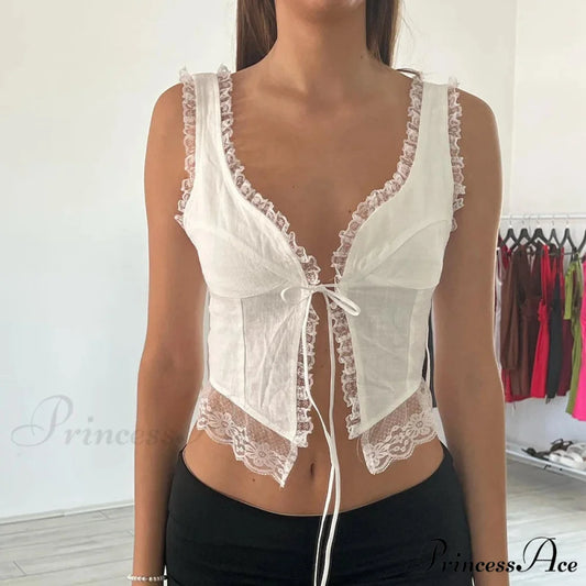 Lace Fasten Navel Crop Top WHITE / S croptop-250223