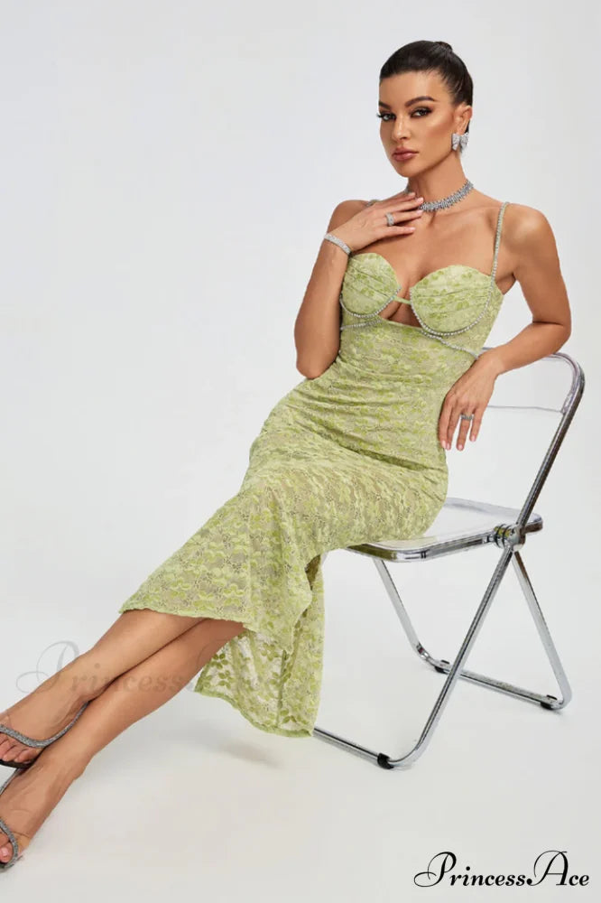 Lace Floral Crystal Charming Chain Bustier Midi Dress