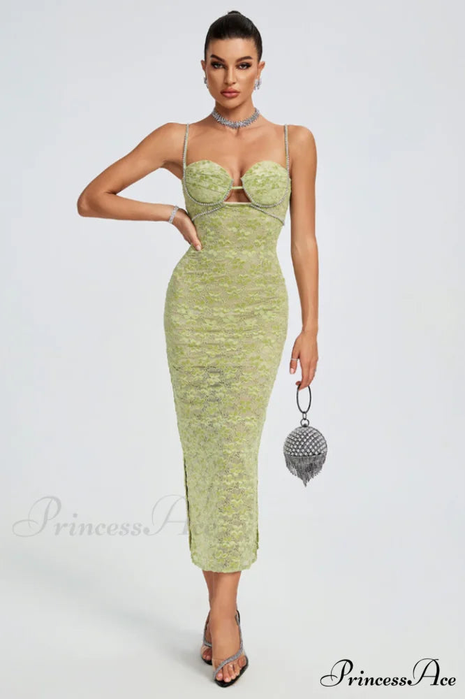 Lace Floral Crystal Charming Chain Bustier Midi Dress