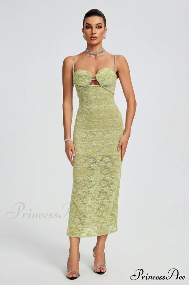 Lace Floral Crystal Charming Chain Bustier Midi Dress