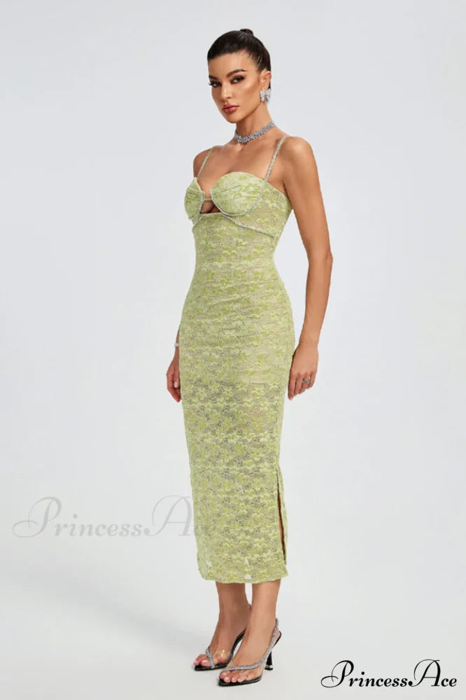 Lace Floral Crystal Charming Chain Bustier Midi Dress