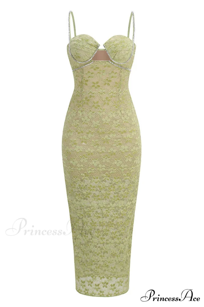 Lace Floral Crystal Charming Chain Bustier Midi Dress XS / Olive