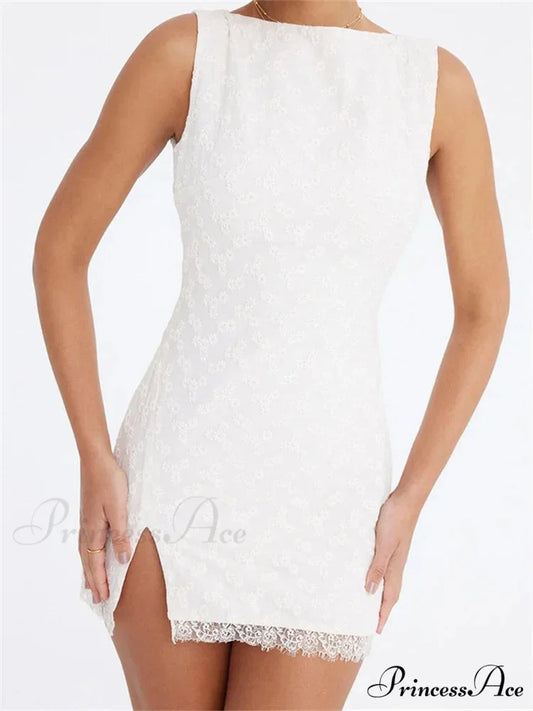 Lace Floral Elegant Sleeveless Backless Lace Mini Dress WHITE / S