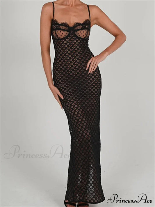 Lace Floral for Women Sexy Sleeveless Strap See Through Evening Cocktail Back Split Black Vestidos Black / S