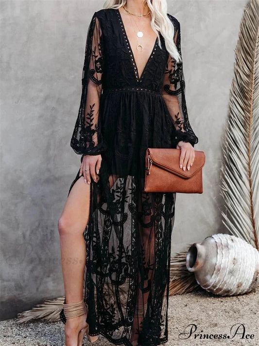 Lace Floral Mesh See Through Summer Deep V-neck Lantern Sleeve Beach Female Vestidos Black / S
