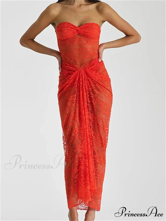 Lace Floral See Through Tube Summer Party Clubwear for Women Strapless Off Shoulder Ruched Push Up Vestido Orange / S