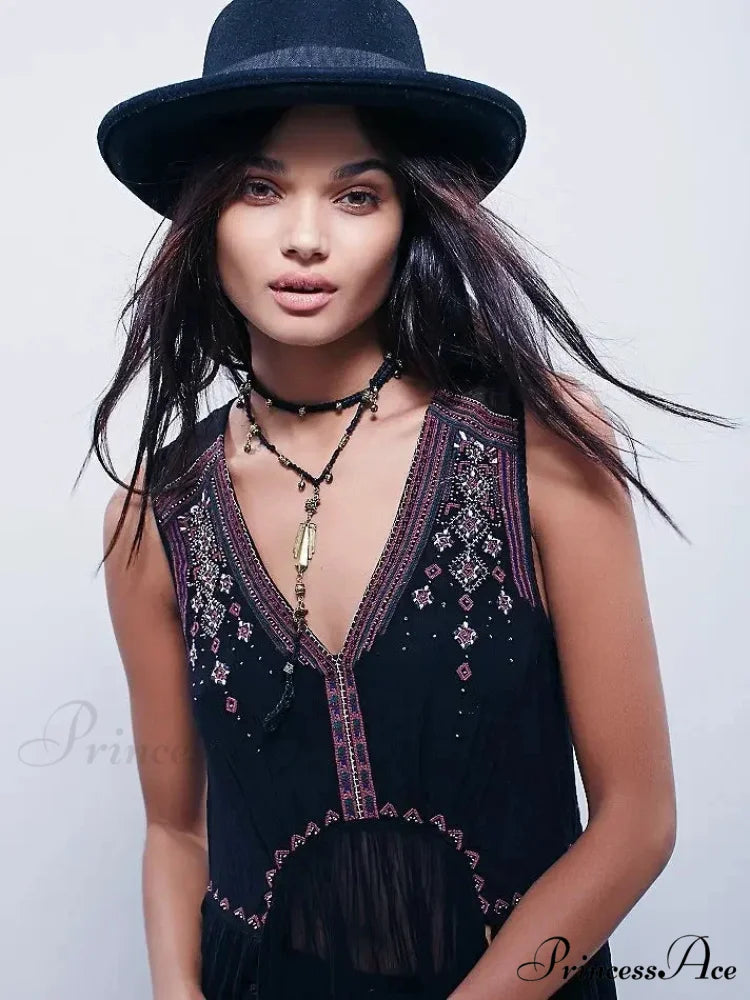 Lace Flounce Sleeve Fringe Hollow Maxi Boho Dress Black / S bohodress-250126