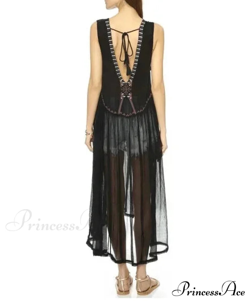 Lace Flounce Sleeve Fringe Hollow Maxi Boho Dress bohodress-250126