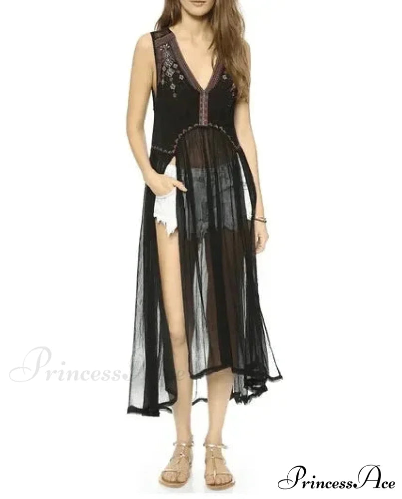 Lace Flounce Sleeve Fringe Hollow Maxi Boho Dress bohodress-250126