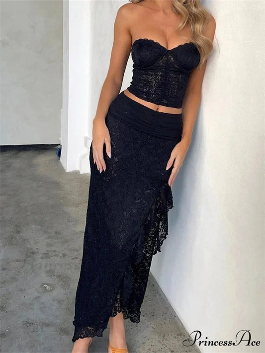 Lace Flowery Bustiers Crop Top Tall Split Long Skirt Set Black / S skirt-250126