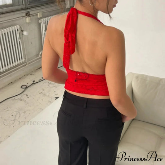 Lace Halter Open-Back Crop Top croptop-250223