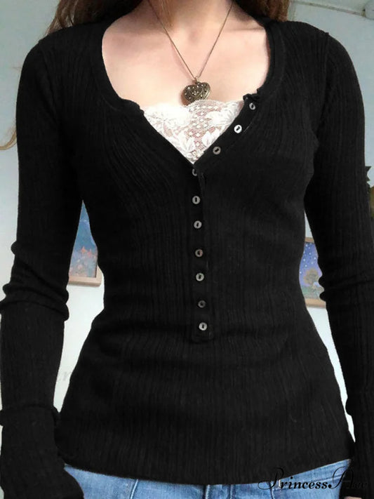 Lace Paneled Graceful Brown Tank Top Black / S