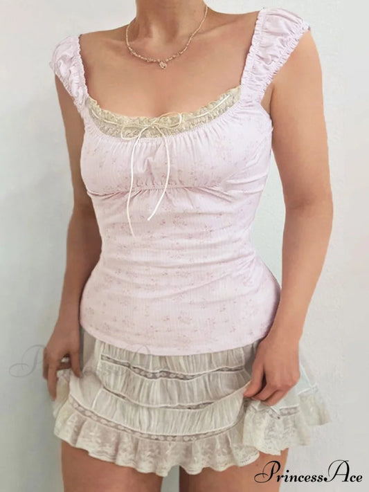 Lace Paneled Graceful Denim Corset Top Pink / S