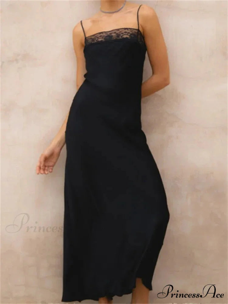 Lace Patchwork for Women Square Neck Sleeveless Strap Black Summer Party Female Vestidos Clubwear Black / S