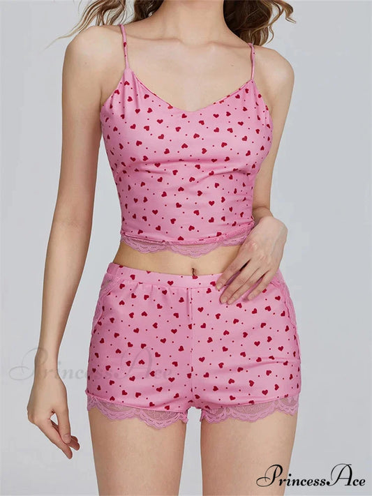 Lace Patchwork Heart Print Camis Crop Top with Informal Shorts Pajama Set A / S twopiecesset-250126