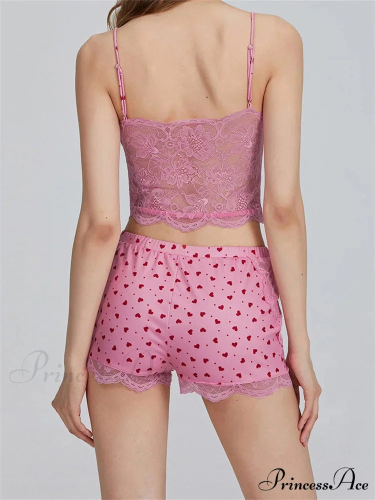 Lace Patchwork Heart Print Camis Crop Top with Informal Shorts Pajama Set twopiecesset-250126
