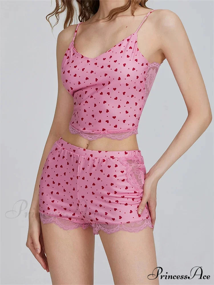 Lace Patchwork Heart Print Camis Crop Top with Informal Shorts Pajama Set twopiecesset-250126