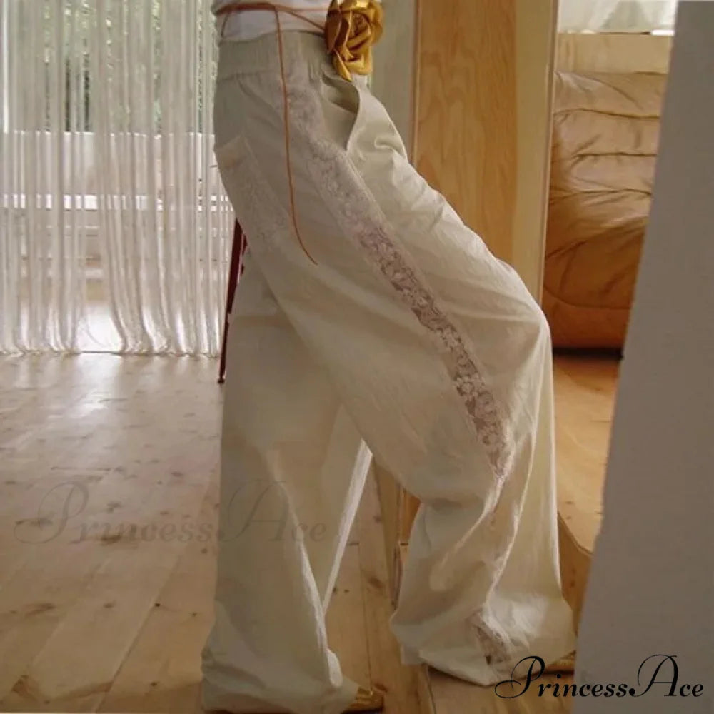 Lace Patchwork Ivory Wide Leg Trousers pants-241228