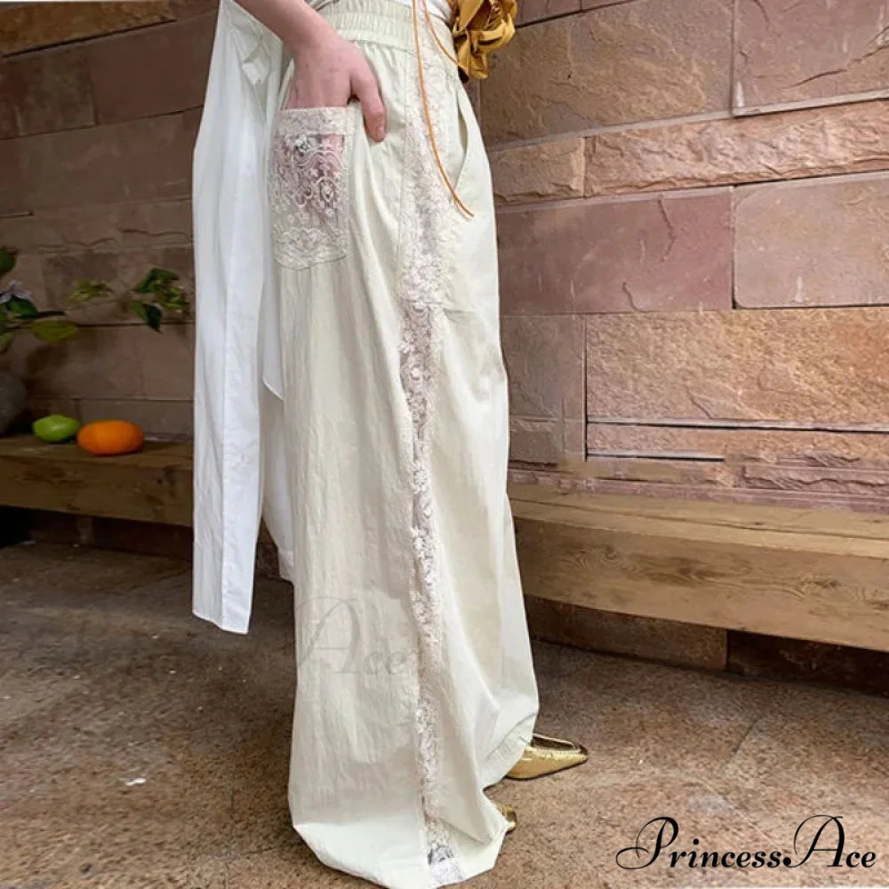 Lace Patchwork Ivory Wide Leg Trousers pants-241228