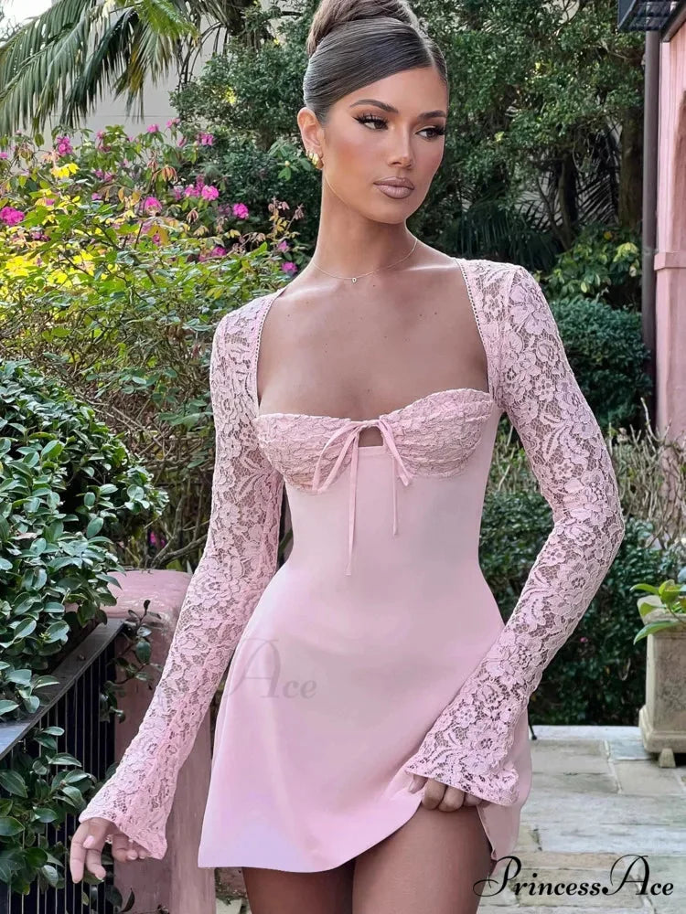 Lace Patchwork Lengthy Sleeve Mini Dress minidress-250223
