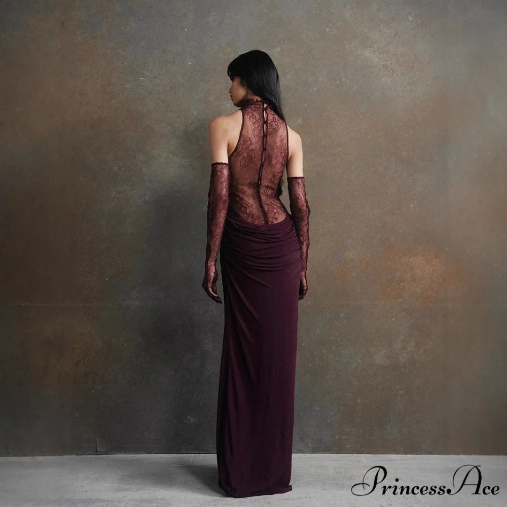 Lace Patchwork Profound V Gathered Prom Dress promdress-250223
