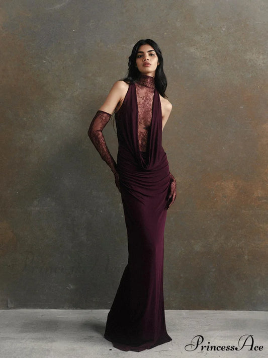 Lace Patchwork Profound V Gathered Prom Dress purple / XS promdress-250223