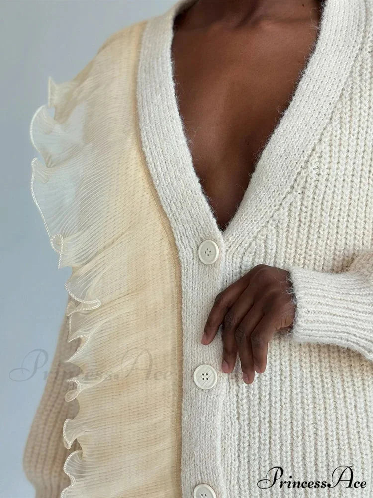 Lace Patchwork V-neck Ribbed Cardigan Modified Title: Lace Patchwork V-neck Ribbed Cardigan cardigans-241228
