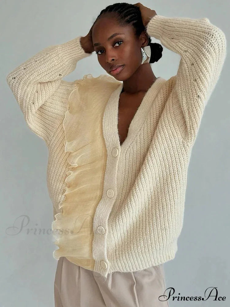 Lace Patchwork V-neck Ribbed Cardigan Modified Title: Lace Patchwork V-neck Ribbed Cardigan cardigans-241228