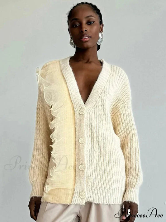 Lace Patchwork V-neck Ribbed Cardigan Modified Title: Lace Patchwork V-neck Ribbed Cardigan Creamy-white / S