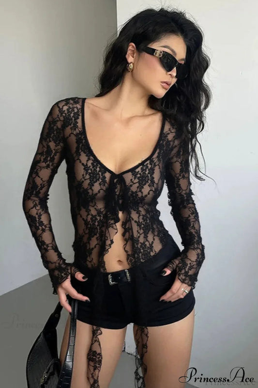 Lace Sheer Tie Cardigan Blouse