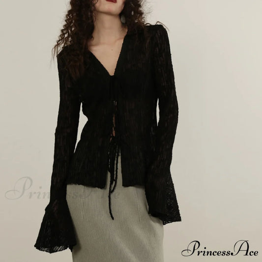 Lace Shirts Long Arm Slim Harajuku Transparent Blouse Korean Women Black Goth Fashion Aesthetic Black / S