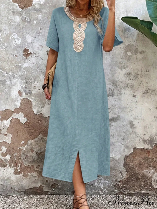 Lace Split Hem Tunic Dress Blue / S
