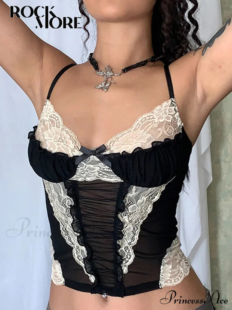 Lace Stitching Gothic Mesh Corset Crop Top Black / S