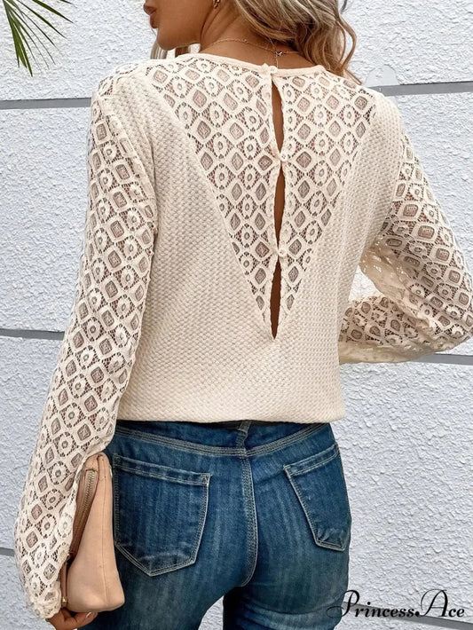 Lace Stitching Monochrome Informal Round Neck Long Sleeve T-shirt Women apricot / XS knittop-250126