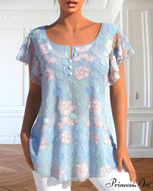 Lace T-Shirt with Flowered Print Blue / S