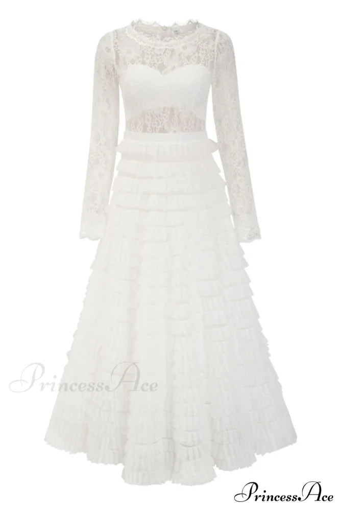 Lace Tiered Ruffle Charming Tulle Maxi Dress S / White