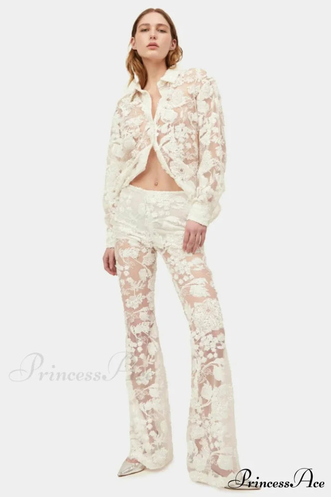 Lace Top Stylish & Pants Set S / White
