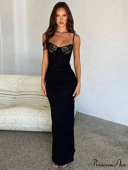 Lace Trim Backless Maxi Party Dress Black / S