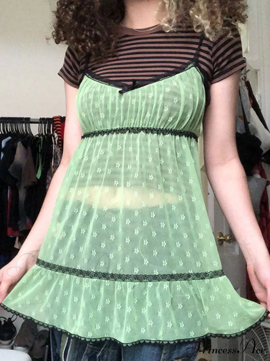 Lace Trim Graceful Floral Mini Dress Green / S