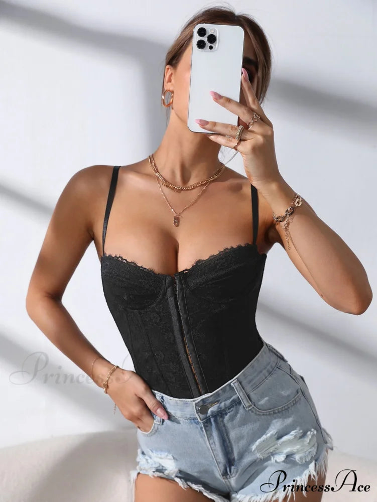 Lace Trim Hook & Eye Cami Top Black / XS
