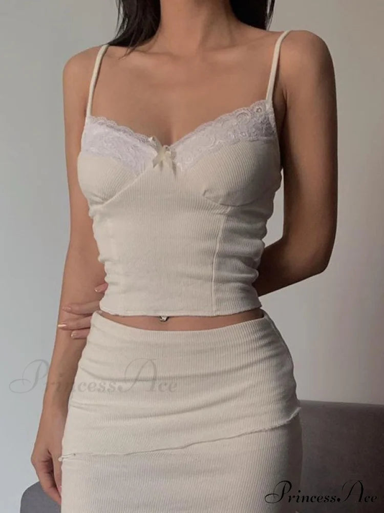 Lace Trim Ribbed Trendy Knit Crop Cami Top