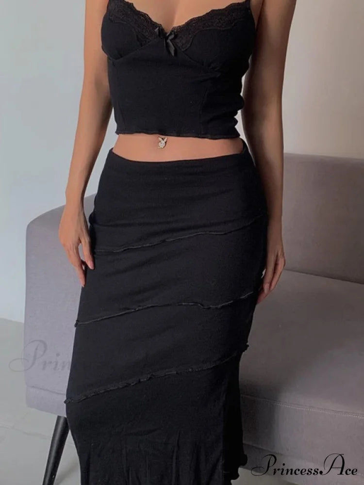 Lace Trim Ribbed Trendy Knit Crop Cami Top Black / S