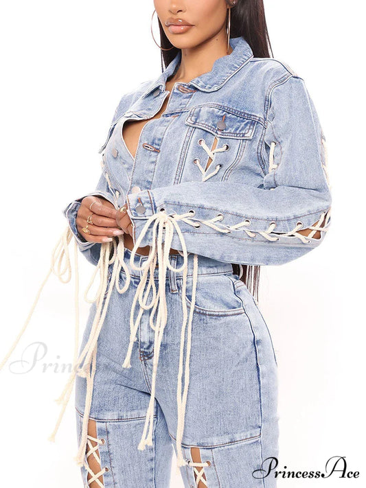 Lace Up Graceful Cutout Skinny Jeans Blue / S